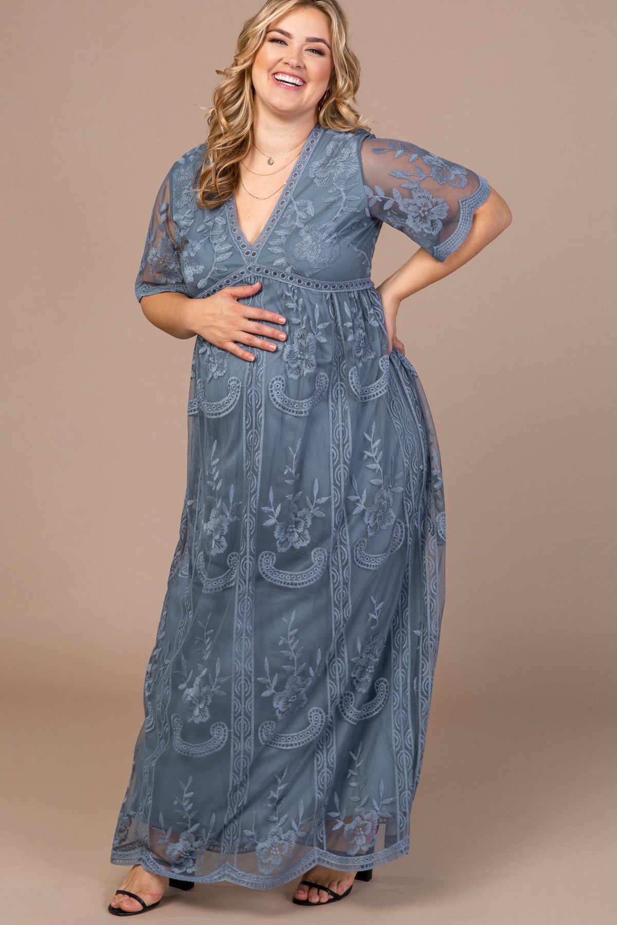 PinkBlush Blue Lace Mesh Overlay Plus Maternity Maxi Dress by PinkBlush at Everetts Place