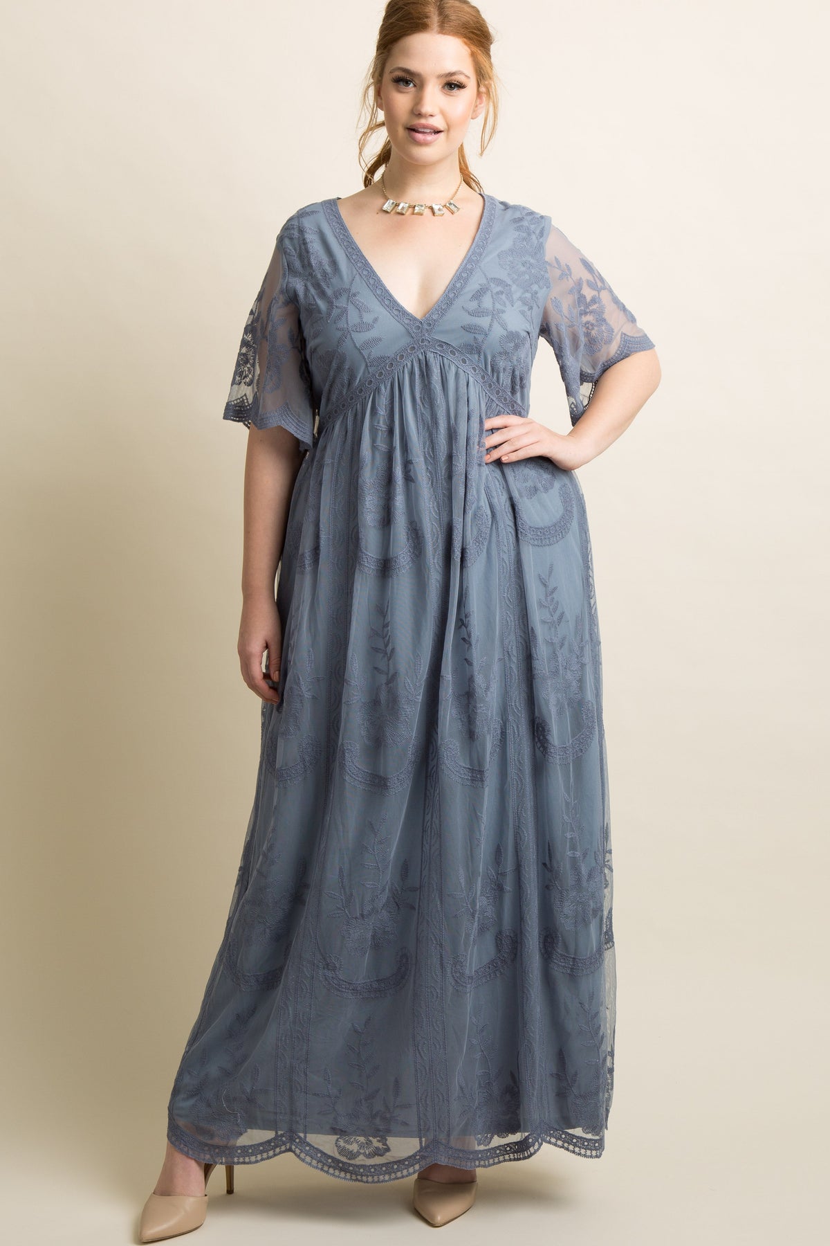 PinkBlush Blue Lace Mesh Overlay Plus Maternity Maxi Dress by PinkBlush at Everetts Place