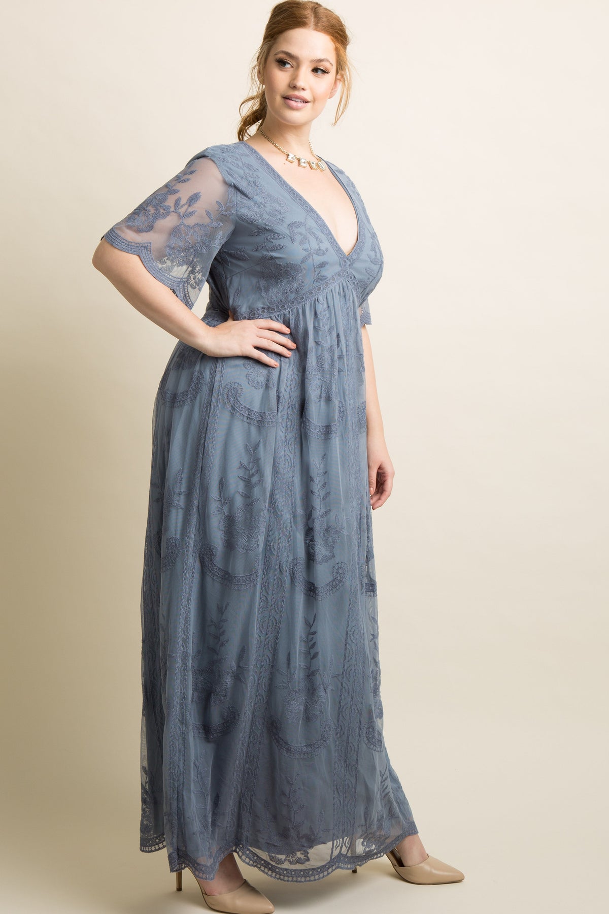 PinkBlush Blue Lace Mesh Overlay Plus Maxi Dress