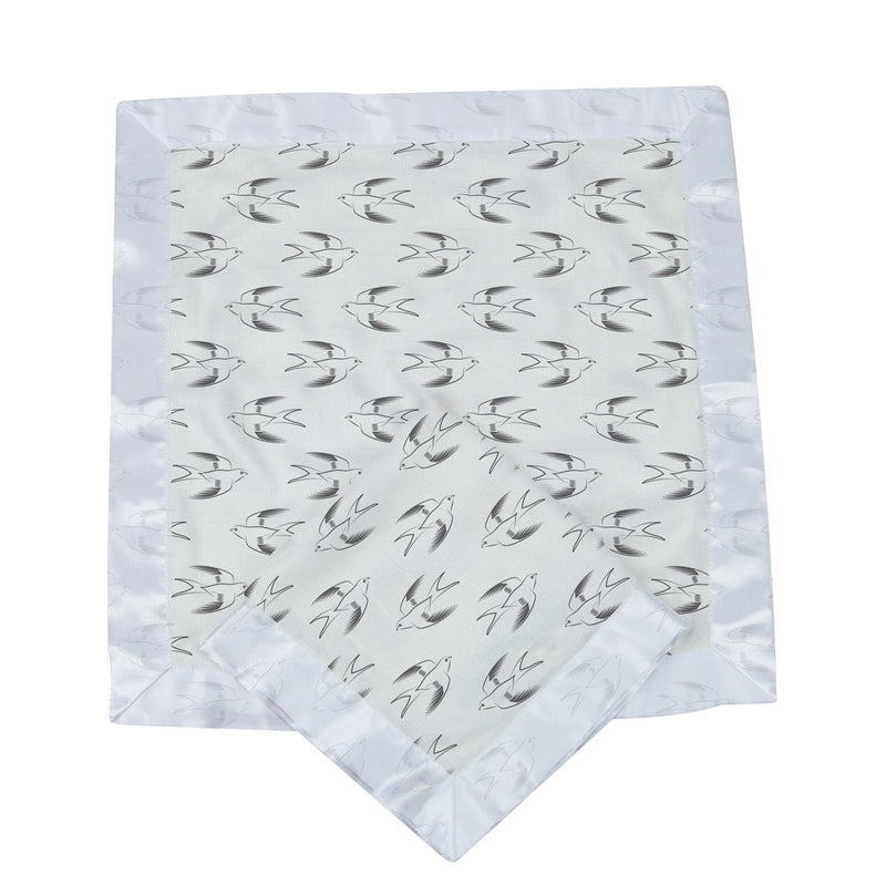 Bamboo muslin blanket with sparrow pattern, 16x16 inches, soft and cuddly security blankie.