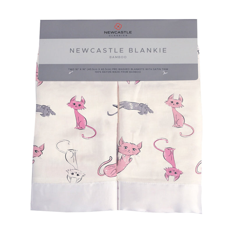 Playful Kitty Bamboo Muslin Security Baby Blankie with cat design on white fabric.