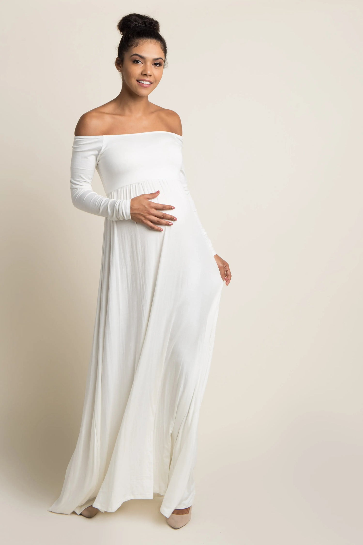 PinkBlush Petite Ivory Solid Off Shoulder Maternity Maxi Dress PinkBlush 