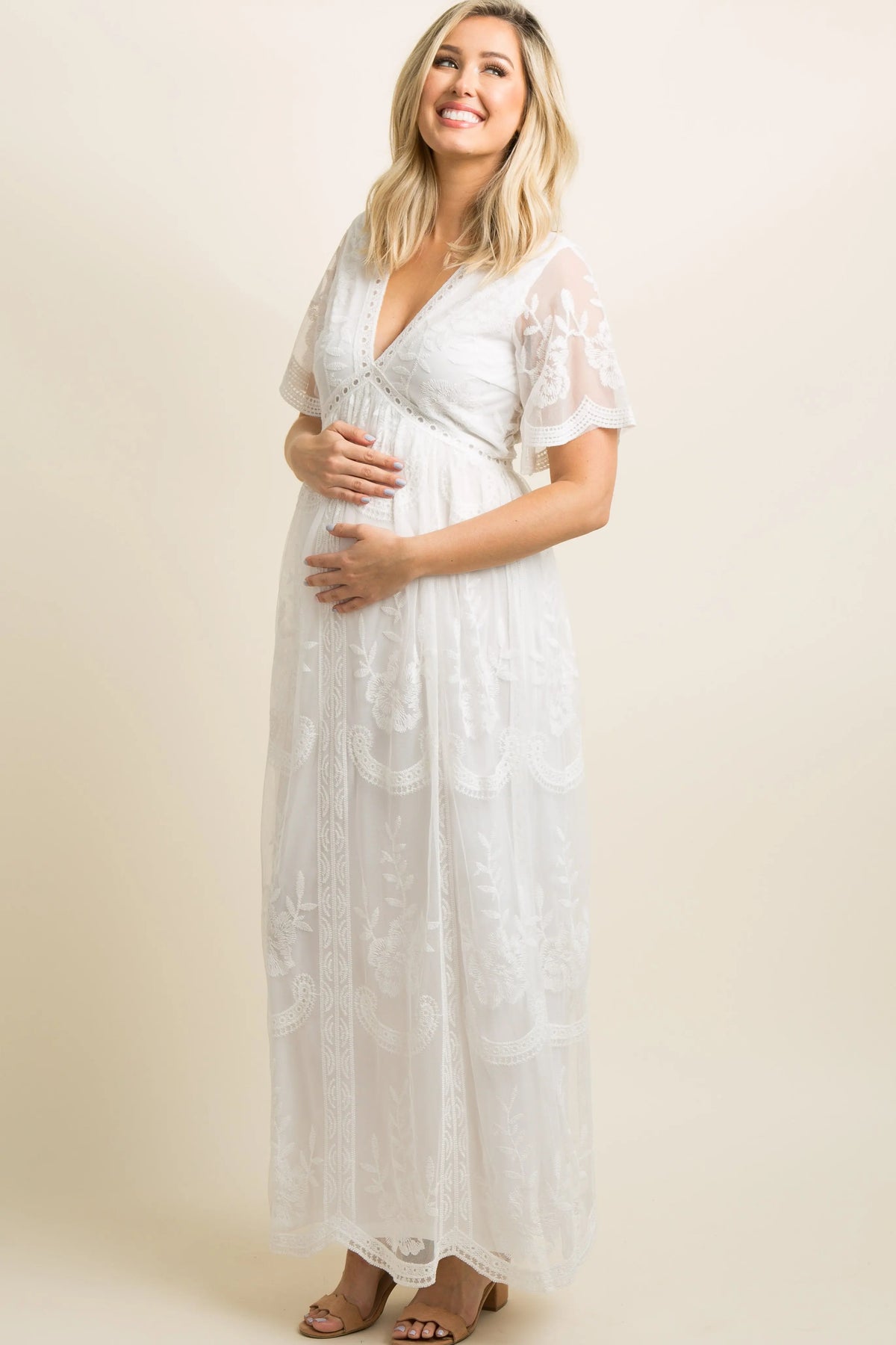 PinkBlush White Lace Mesh Overlay Maternity Maxi Dress PinkBlush 