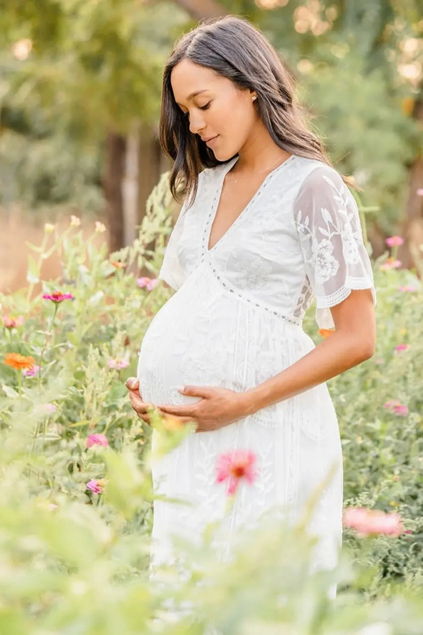 PinkBlush White Lace Mesh Overlay Maternity Maxi Dress PinkBlush 