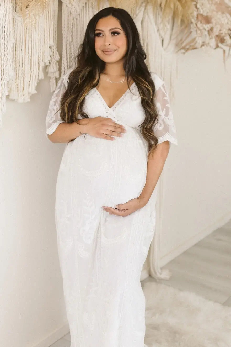 PinkBlush White Lace Mesh Overlay Maternity Maxi Dress PinkBlush 