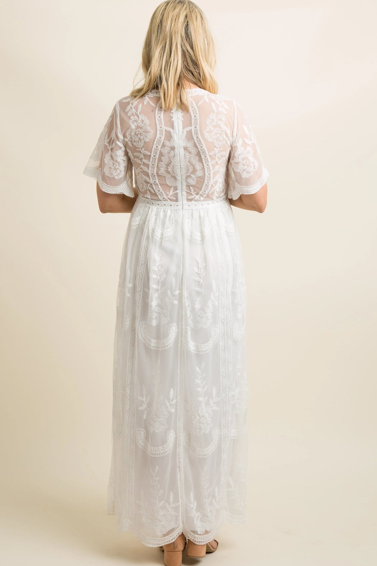 PinkBlush White Lace Mesh Overlay Maternity Maxi Dress PinkBlush 