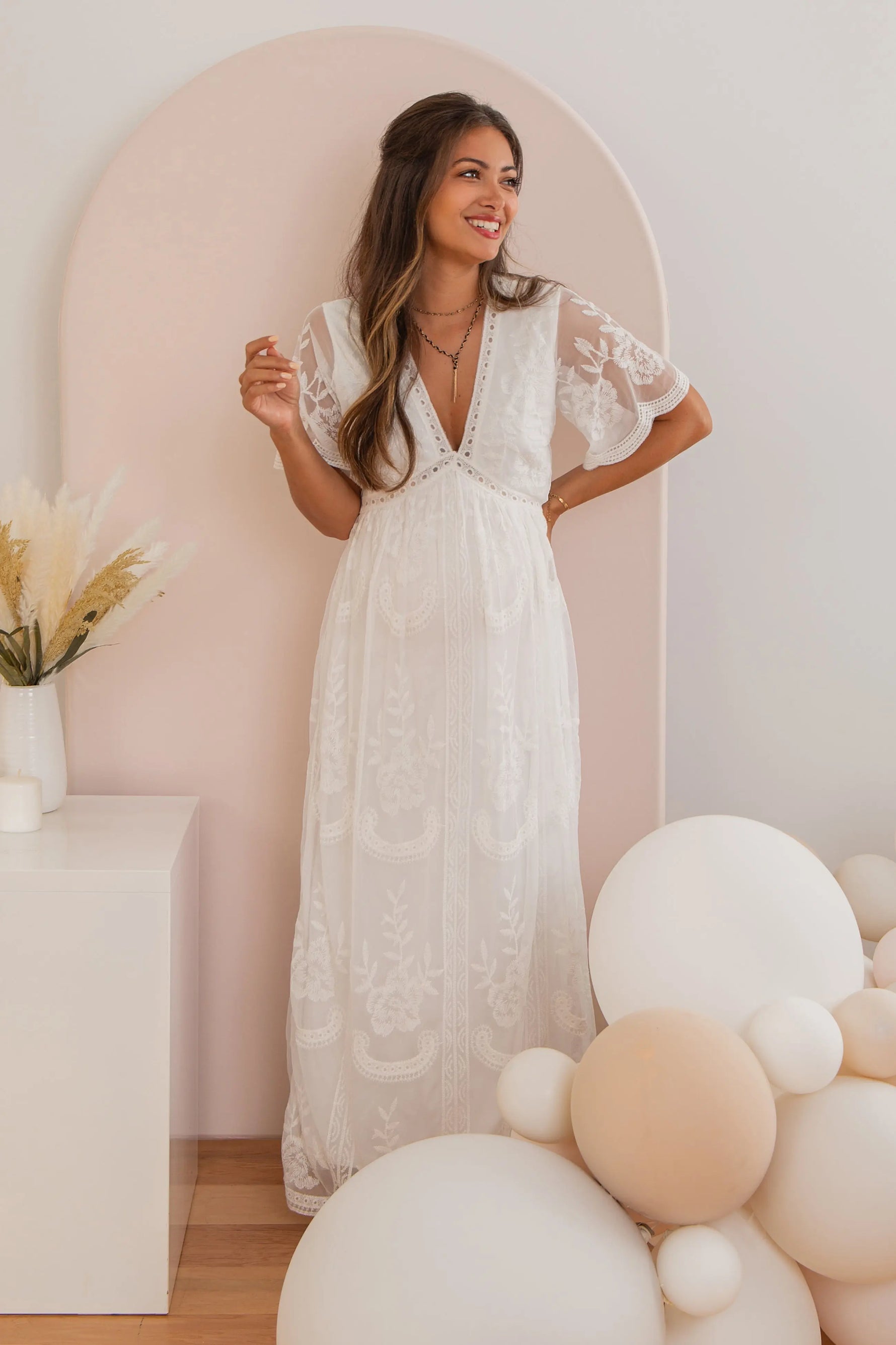 PinkBlush White Lace Mesh Overlay Maternity Maxi Dress PinkBlush 