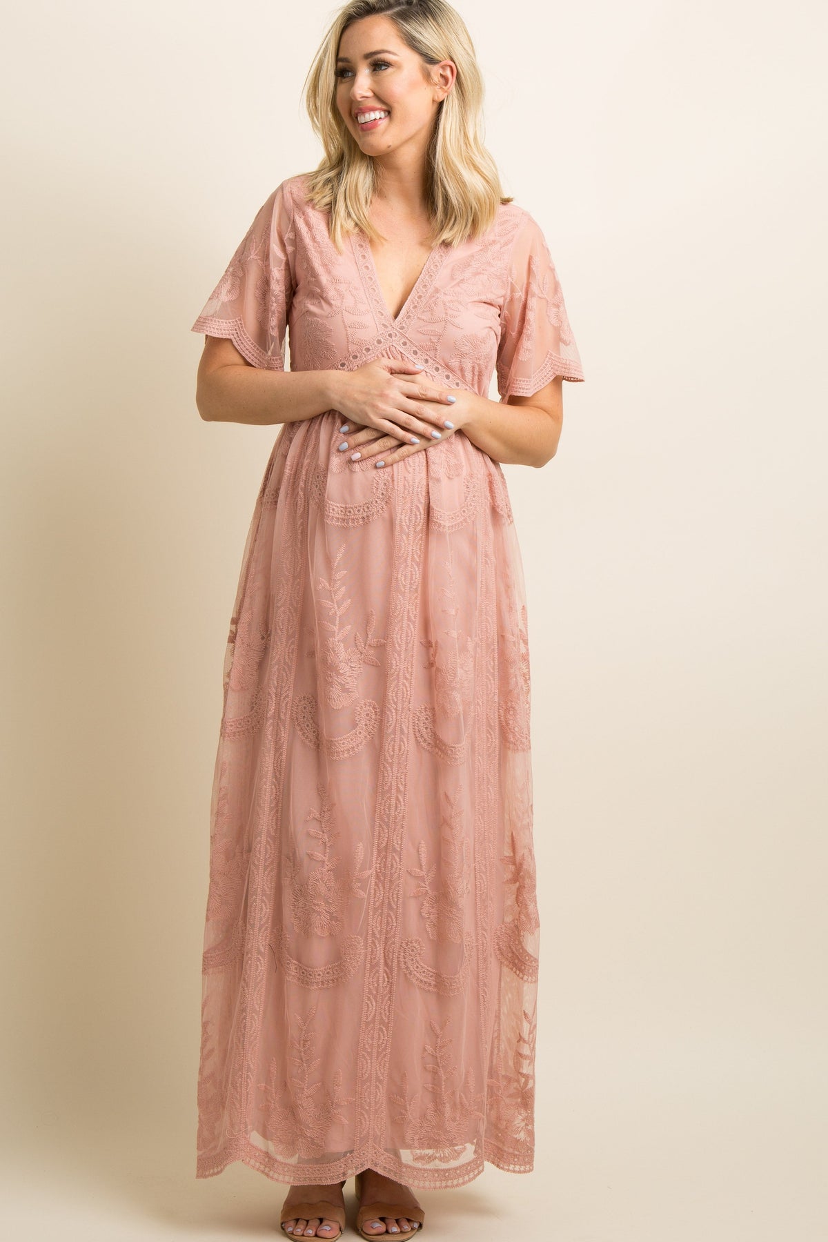 Light Pink Lace Mesh Overlay Maternity Maxi Dress by PinkBlush (view 1 of 14)