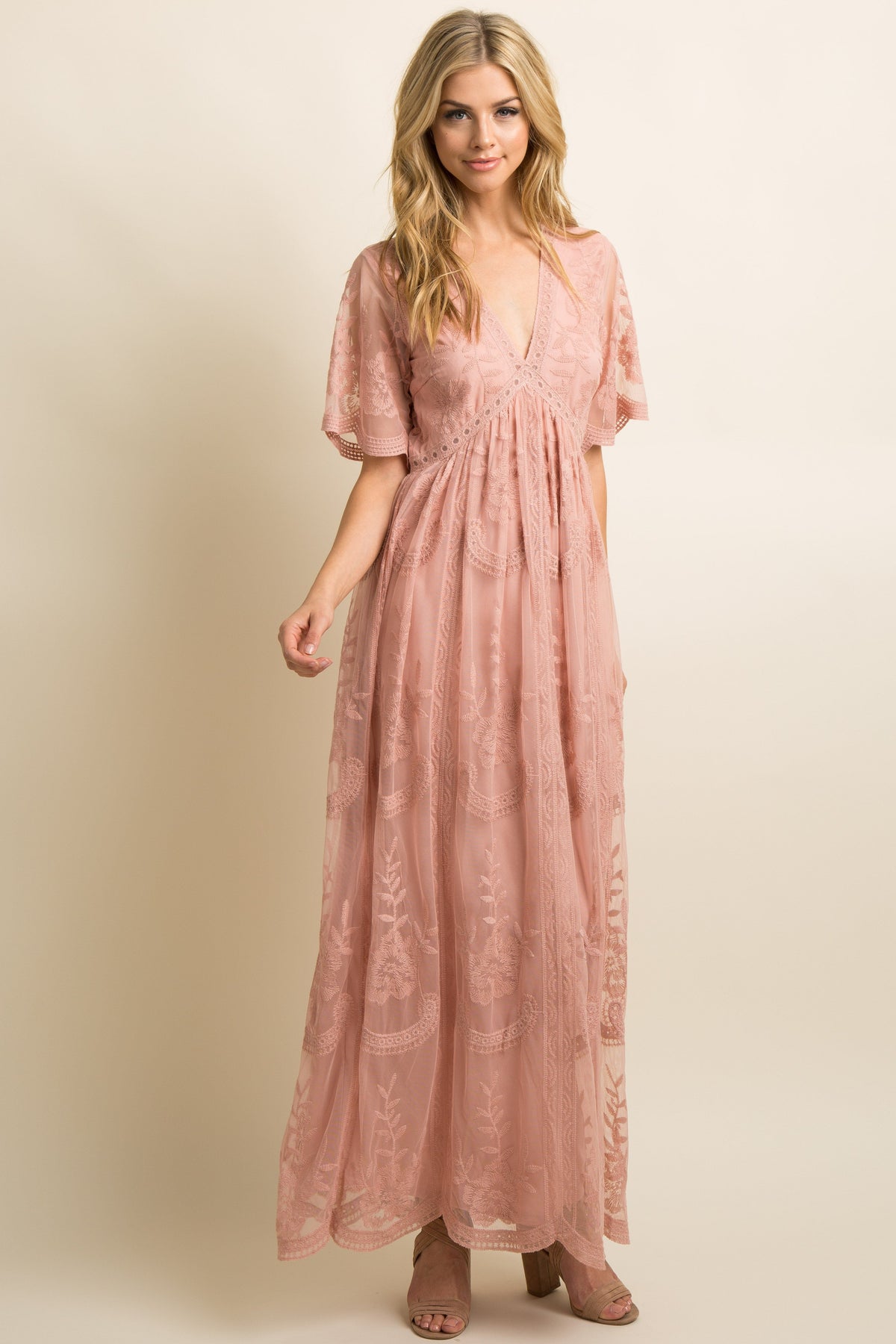 Light Pink Lace Mesh Overlay Maternity Maxi Dress by PinkBlush (view 14 of 14)
