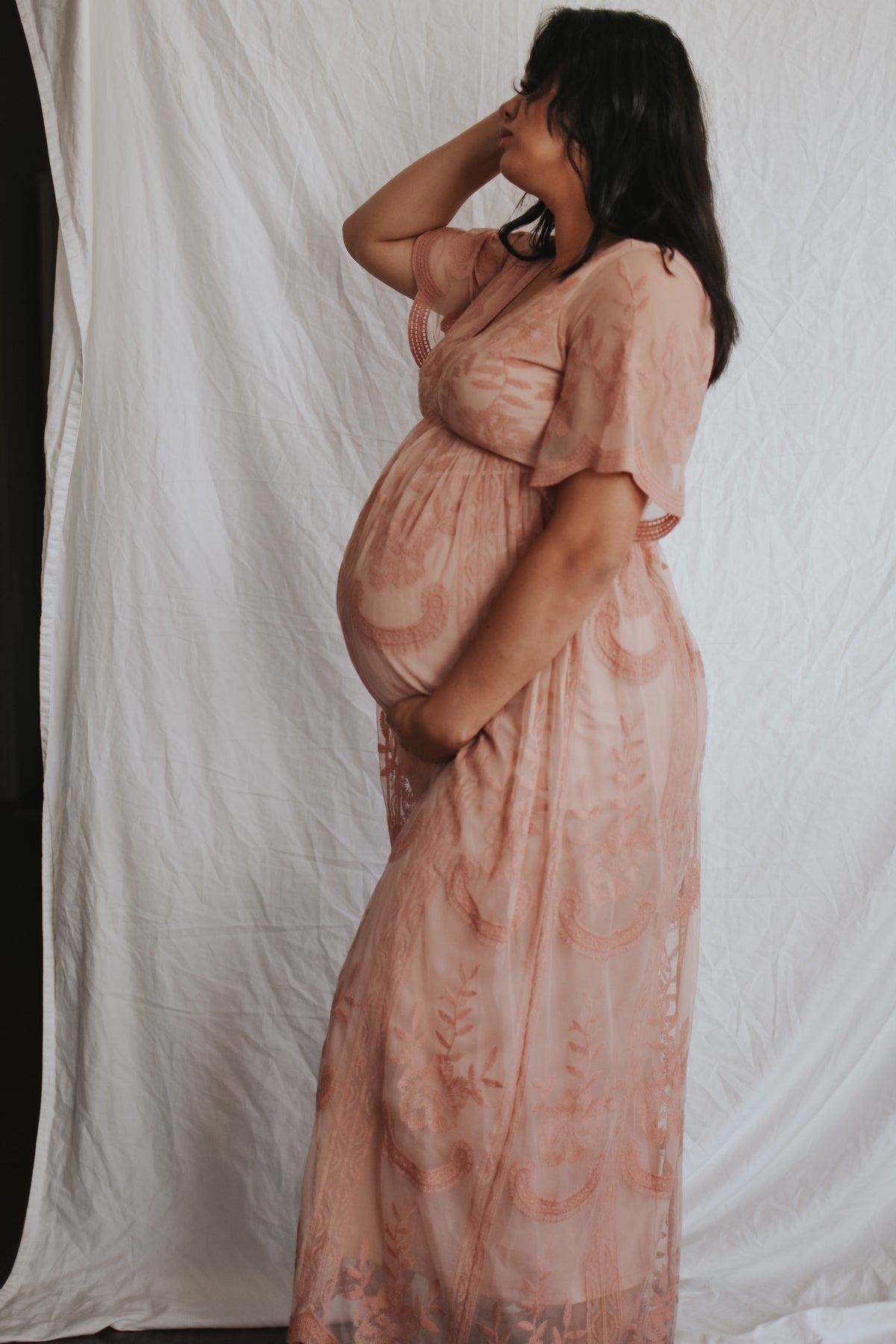 Light Pink Lace Mesh Overlay Maternity Maxi Dress by PinkBlush (view 7 of 14)