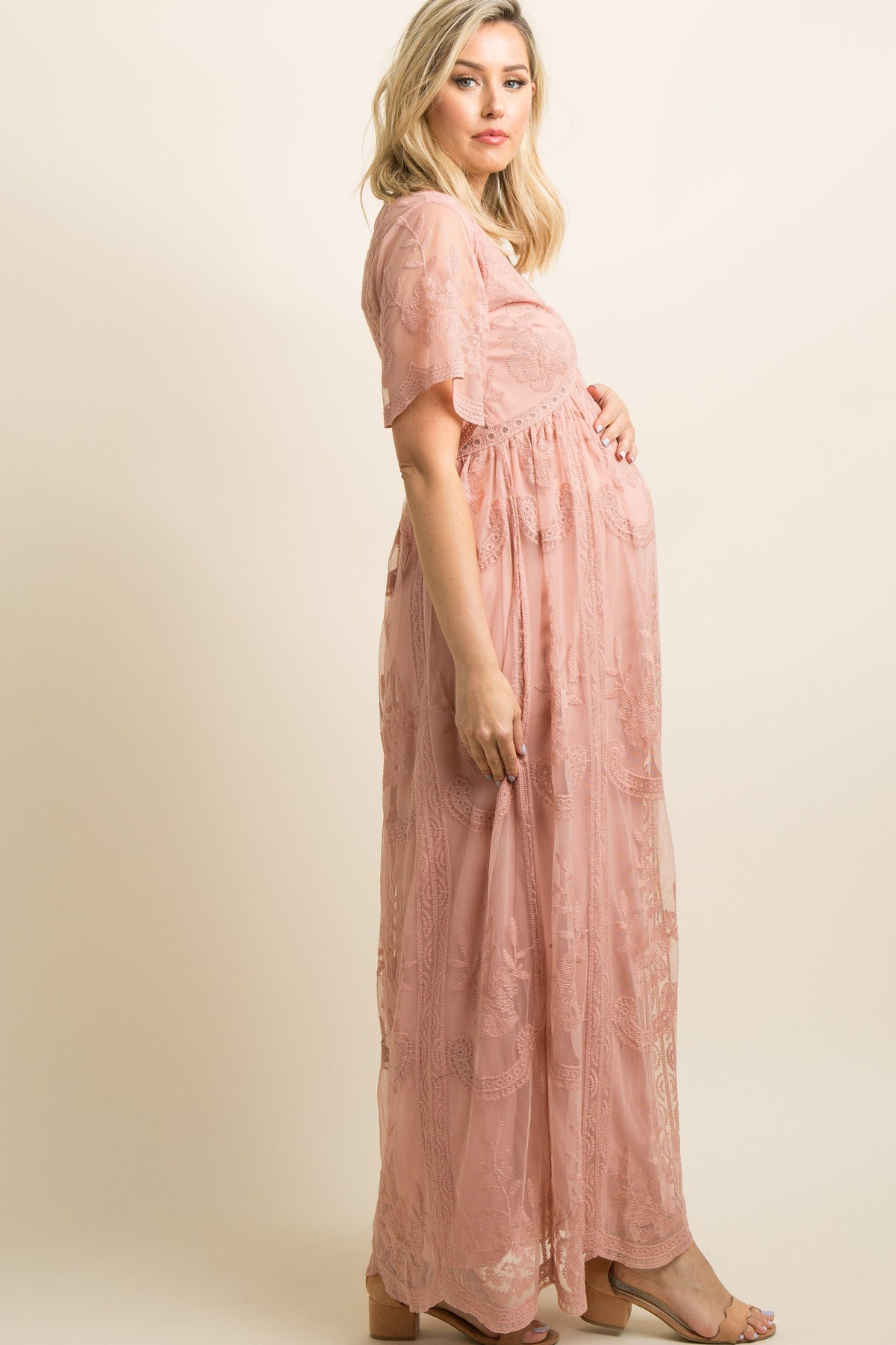 Light Pink Lace Mesh Overlay Maternity Maxi Dress by PinkBlush (view 2 of 14)