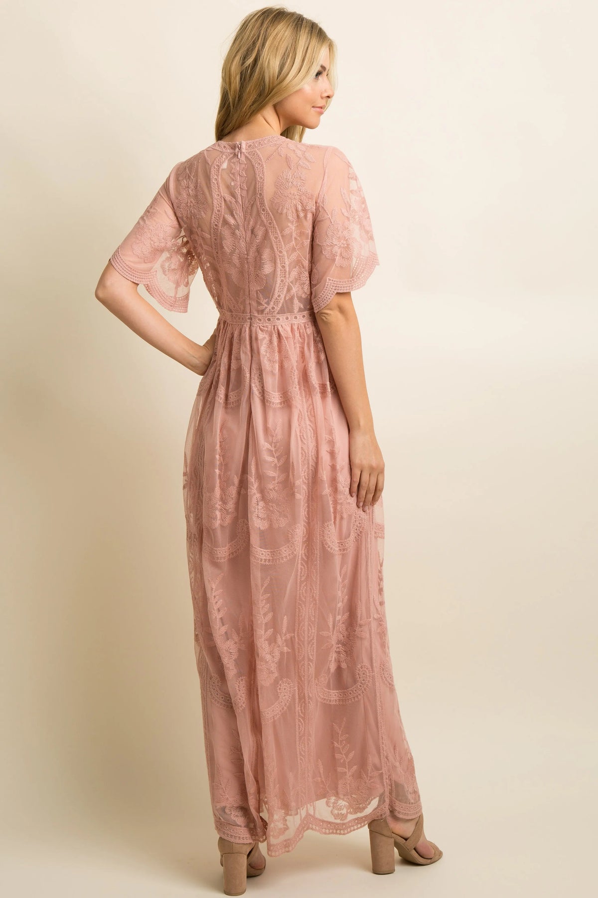PinkBlush PinkBlush Maxi Dress with Lace Overlay and Scalloped Trim for Elegant Women - Apparel & Accessories > Clothing > Dresses