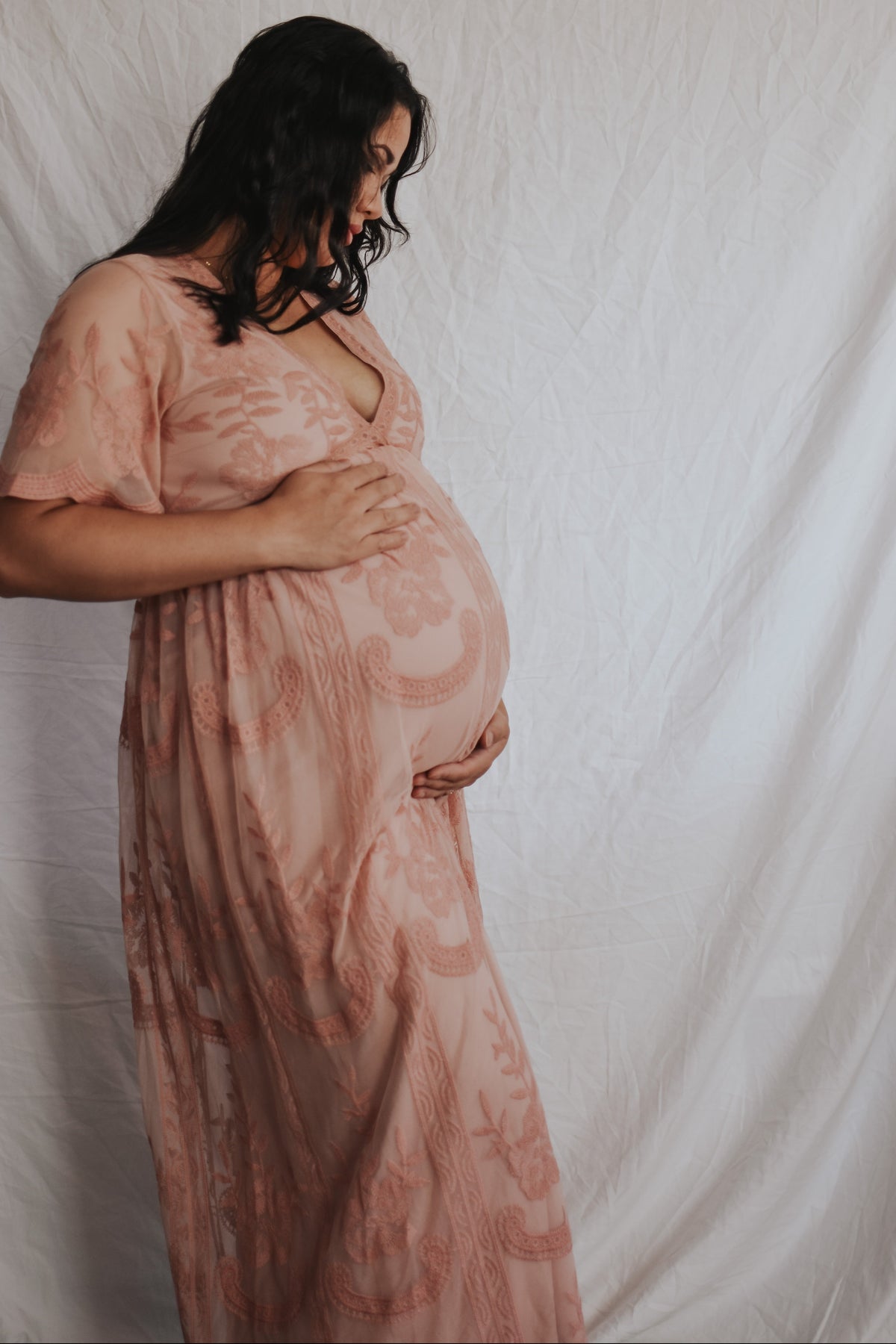 Light Pink Lace Mesh Overlay Maternity Maxi Dress by PinkBlush (view 11 of 14)