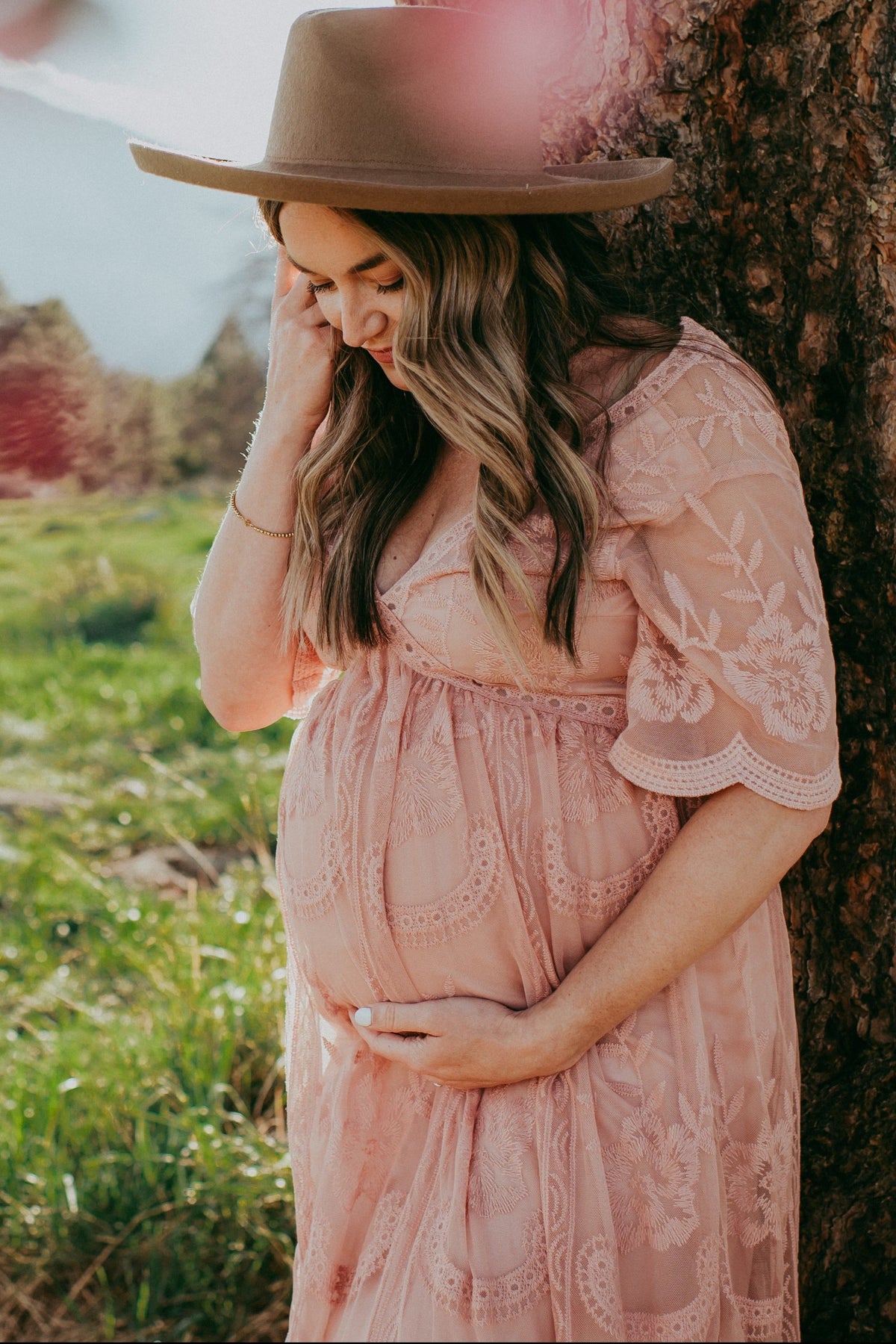 Light Pink Lace Mesh Overlay Maternity Maxi Dress by PinkBlush (view 12 of 14)