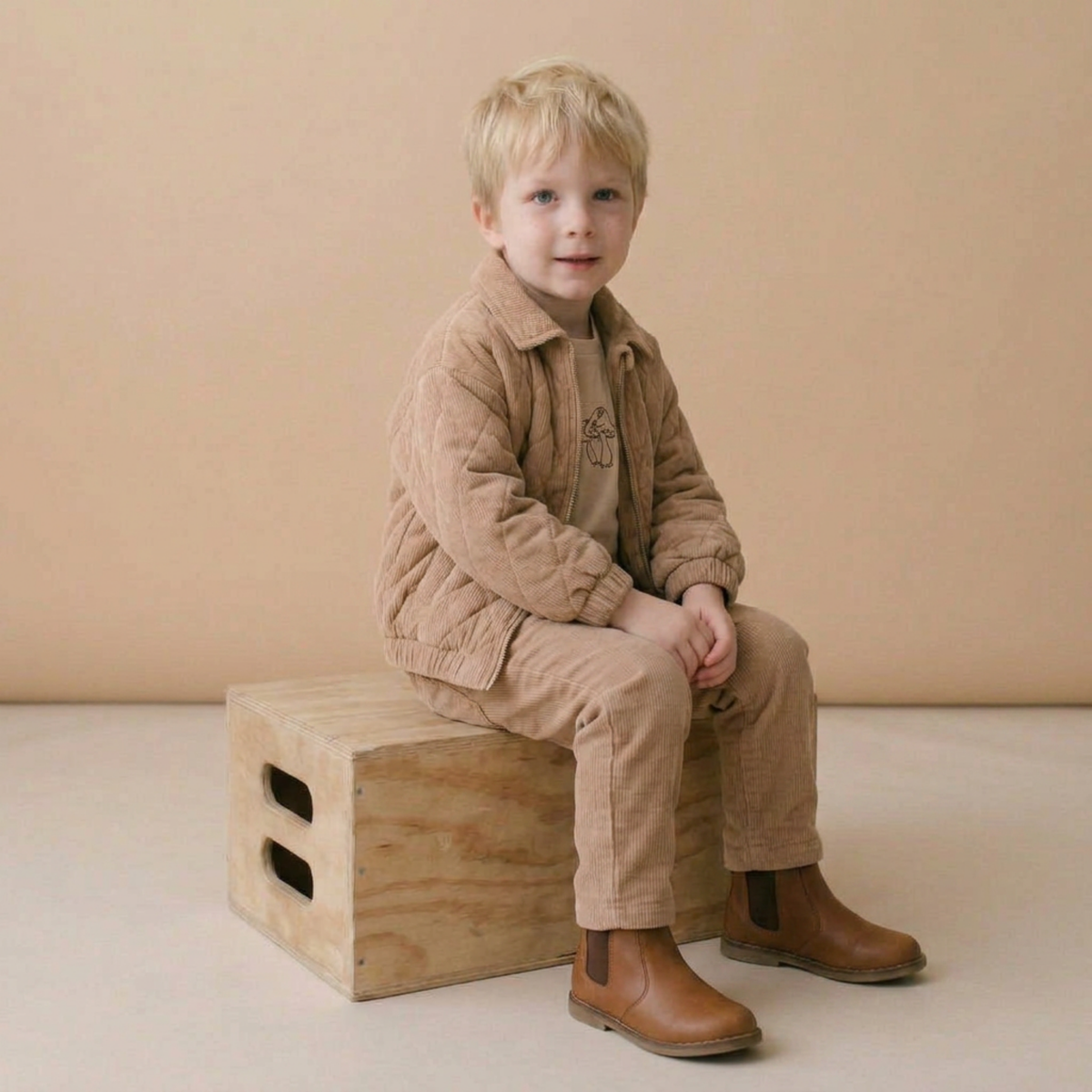 Taupe corduroy baby pants made from organic cotton, shown flat with a classic straight-leg shape