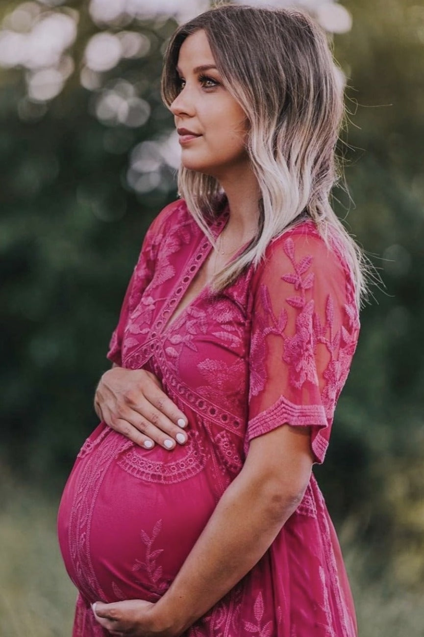 PinkBlush Magenta Lace Mesh Overlay Maternity Maxi Dress by PinkBlush (view 8 of 8)