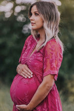 PinkBlush Magenta Lace Mesh Overlay Maternity Maxi Dress by PinkBlush (view 8 of 8)