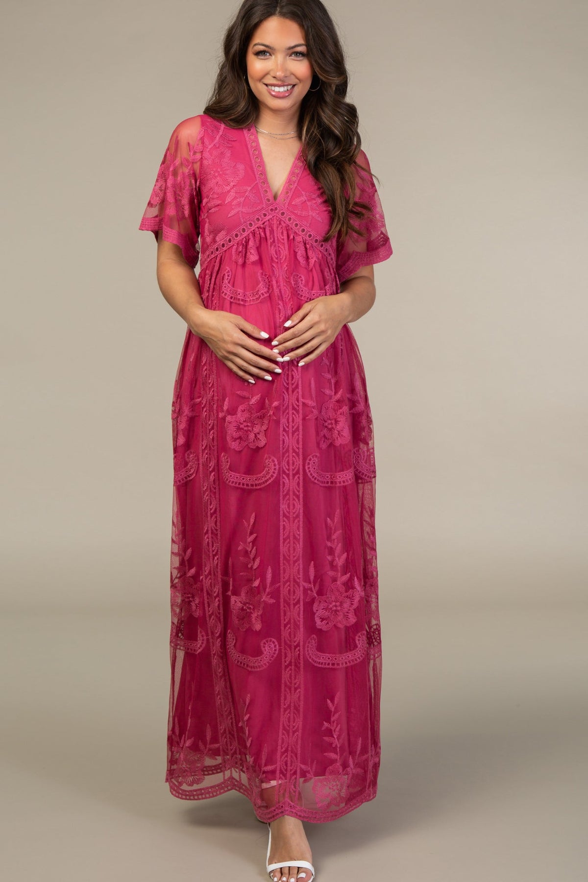PinkBlush Magenta Lace Mesh Overlay Maternity Maxi Dress by PinkBlush (view 4 of 8)