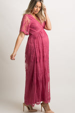 PinkBlush Magenta Lace Mesh Overlay Maternity Maxi Dress by PinkBlush (view 2 of 8)