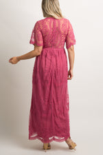 PinkBlush Magenta Lace Mesh Overlay Maternity Maxi Dress by PinkBlush (view 3 of 8)