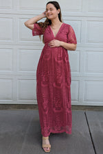 PinkBlush Magenta Lace Mesh Overlay Maternity Maxi Dress by PinkBlush (view 6 of 8)