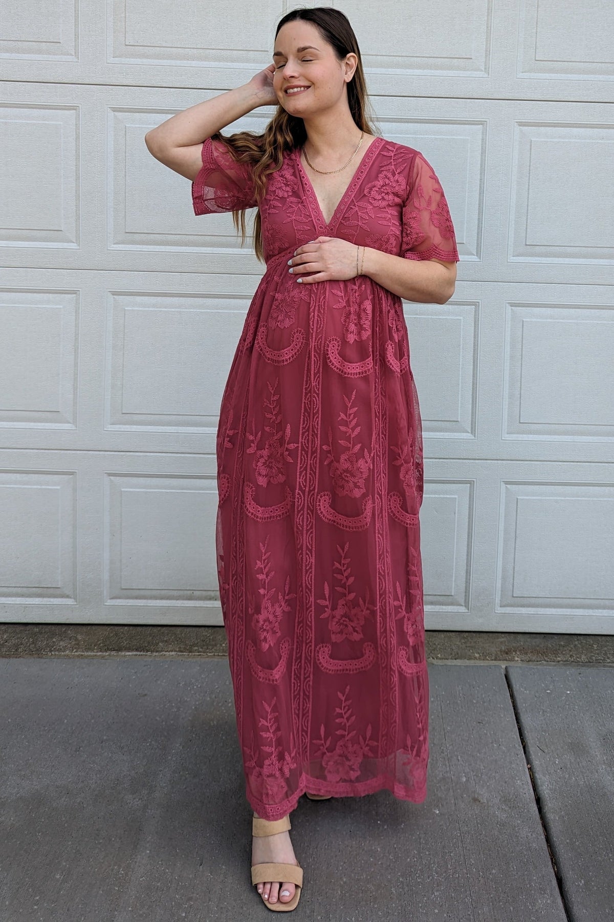 PinkBlush Magenta Lace Mesh Overlay Maternity Maxi Dress by PinkBlush (view 6 of 8)