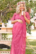PinkBlush Magenta Lace Mesh Overlay Maternity Maxi Dress by PinkBlush (view 7 of 8)