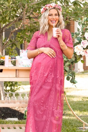 PinkBlush Magenta Lace Mesh Overlay Maternity Maxi Dress by PinkBlush (view 7 of 8)