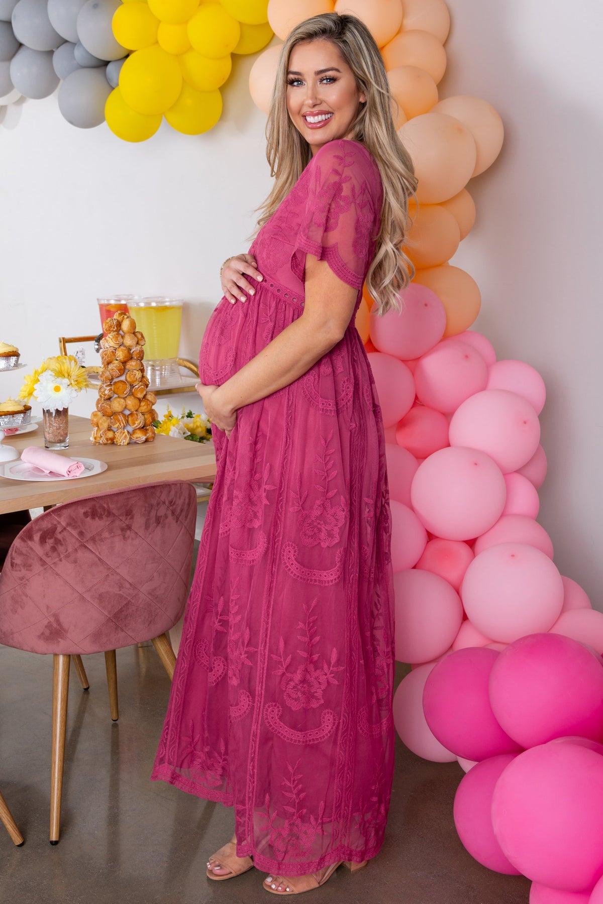 PinkBlush Magenta Lace Mesh Overlay Maternity Maxi Dress by PinkBlush (view 5 of 8)