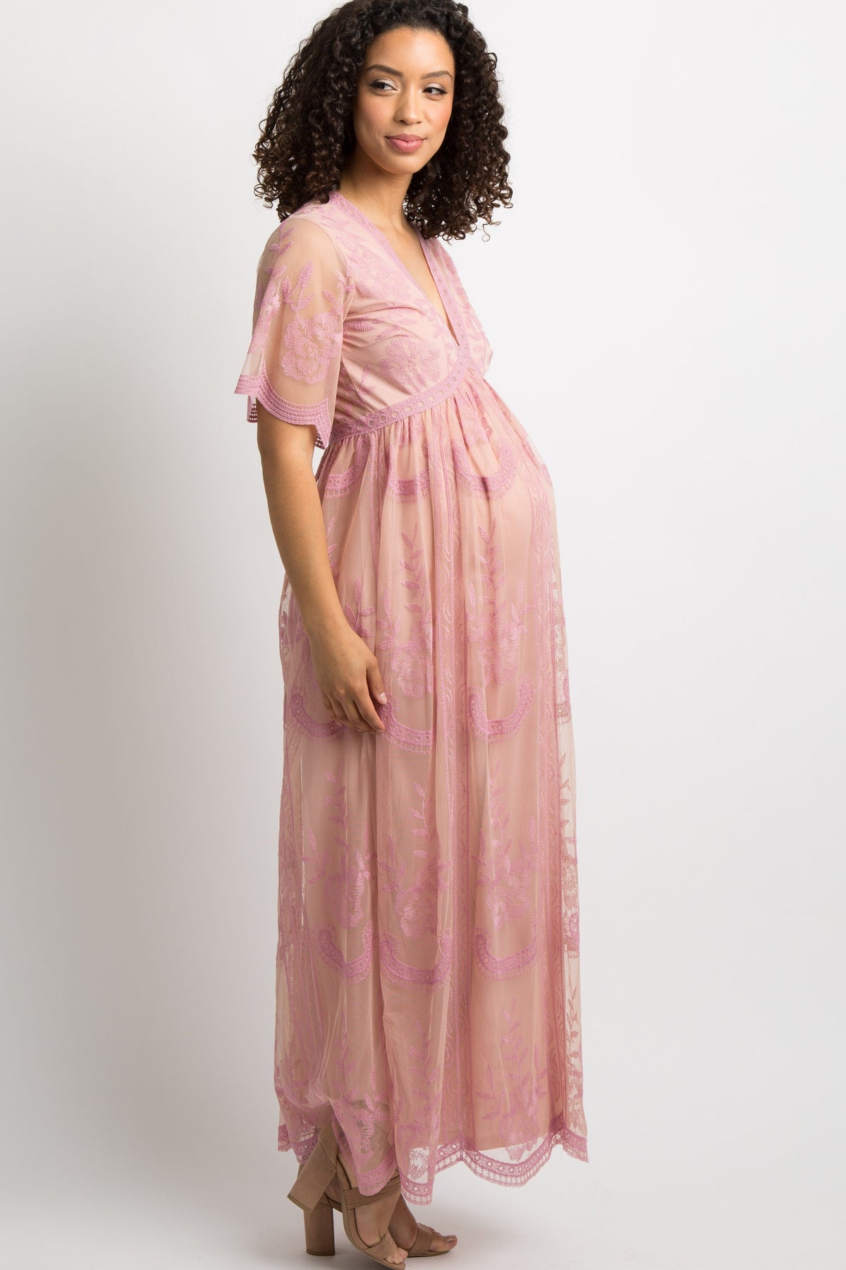 Pink Lace Mesh Overlay Maternity Maxi Dress by PinkBlush