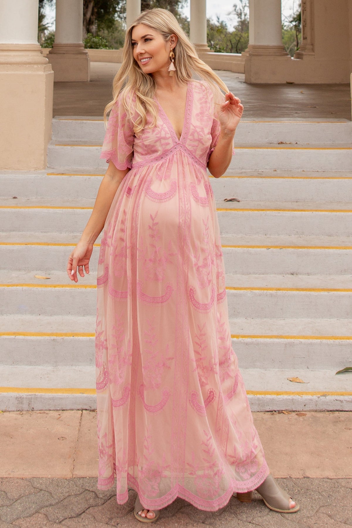 Pink Lace Mesh Overlay Maternity Maxi Dress by PinkBlush