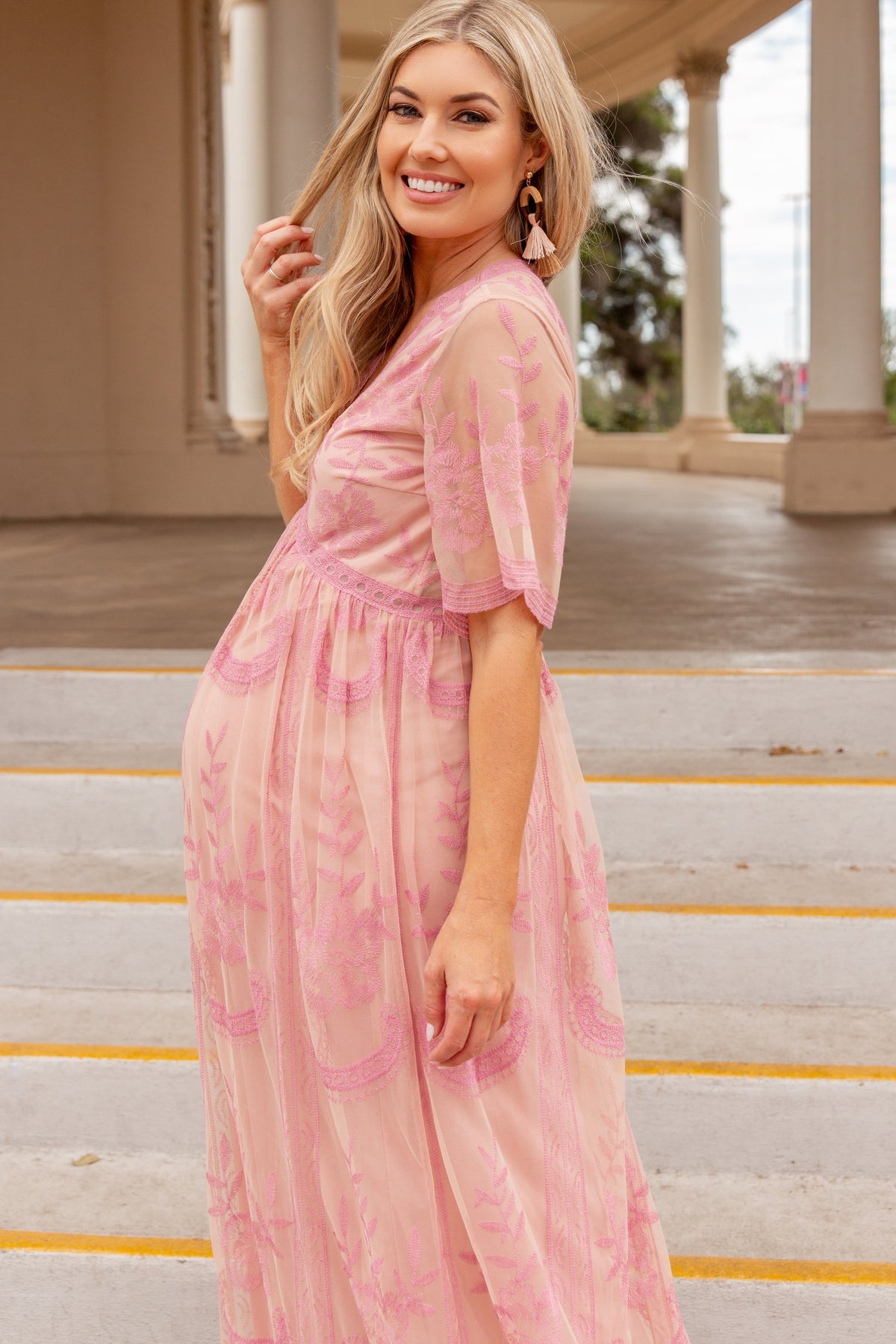Pink Lace Mesh Overlay Maternity Maxi Dress by PinkBlush