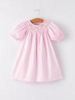 White Bow Smock Embroidered Pink Dress - Sleeve, Pink, Textile, Dress, One-piece garment | Everetts Place