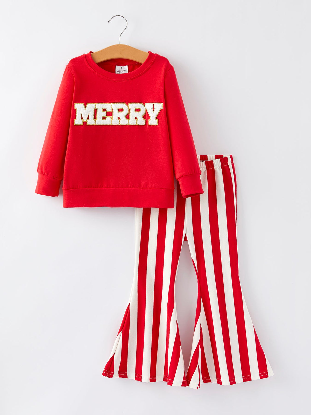 Christmas “MERRY” Applique Girls Striped Bell-bottom Pants Outfit Set by Rylee Faith Designs