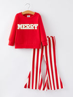 Christmas “MERRY” Applique Girls Striped Bell-bottom Pants Outfit Set by Rylee Faith Designs