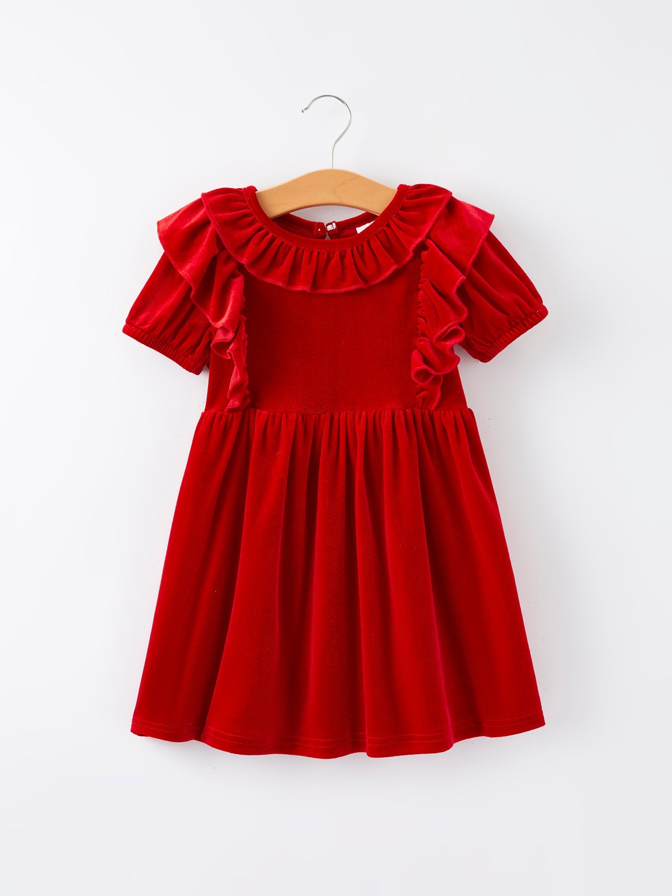 Red velvet girls dress with classic silhouette, shown for holiday and party wear