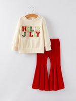 Christmas Letter Applique Top + Flared Pants Outfit Set by Rylee Faith Designs