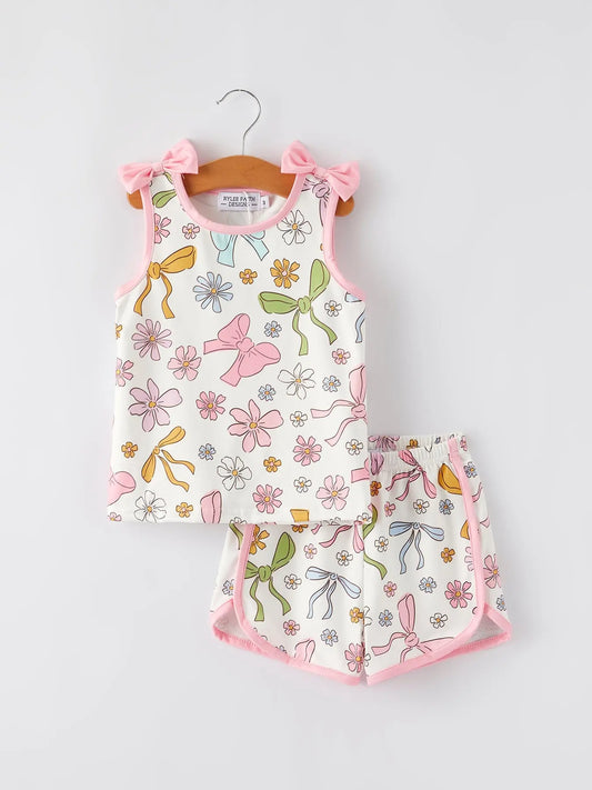 Girls Pink Bow Sleeveless Vest Top and Shorts Set Rylee Faith Designs