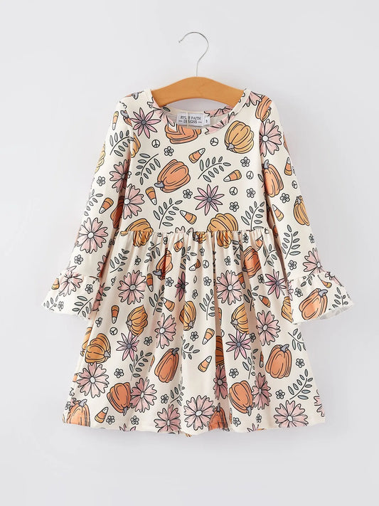 Festive Pumpkin Print Dress with Soft Fabric for Girls Holiday Celebrations Rylee Faith Designs