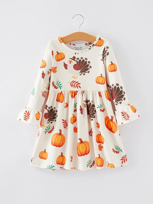 Quality Cotton Thanksgiving Turkey Print Dress for Girls Celebrations Rylee Faith Designs
