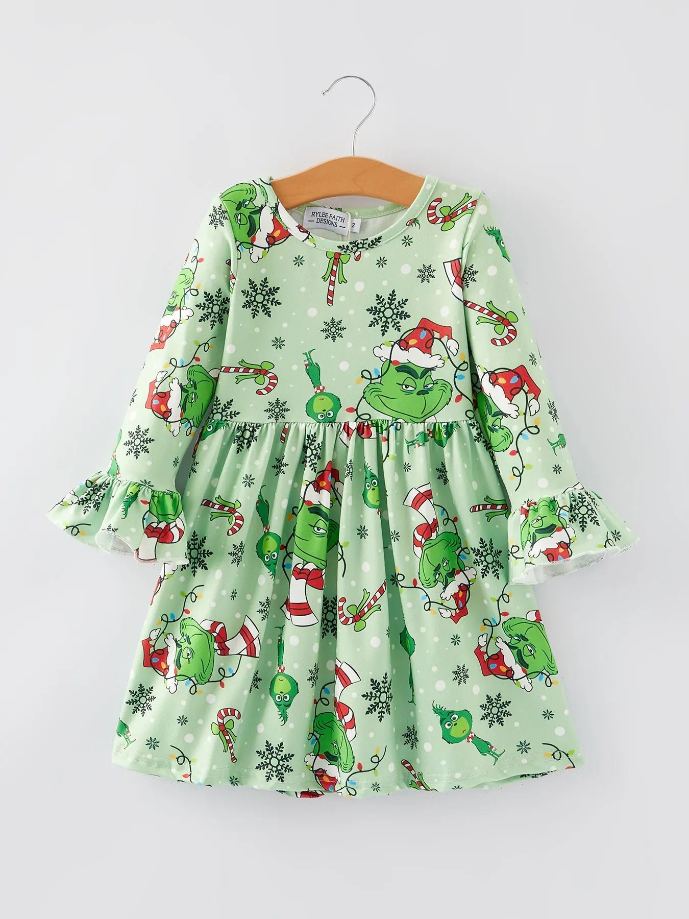 Rylee Faith Designs Christmas Cartoon Characters Print Green Girls Dress - Apparel & Accessories > Clothing > Dresses Dress