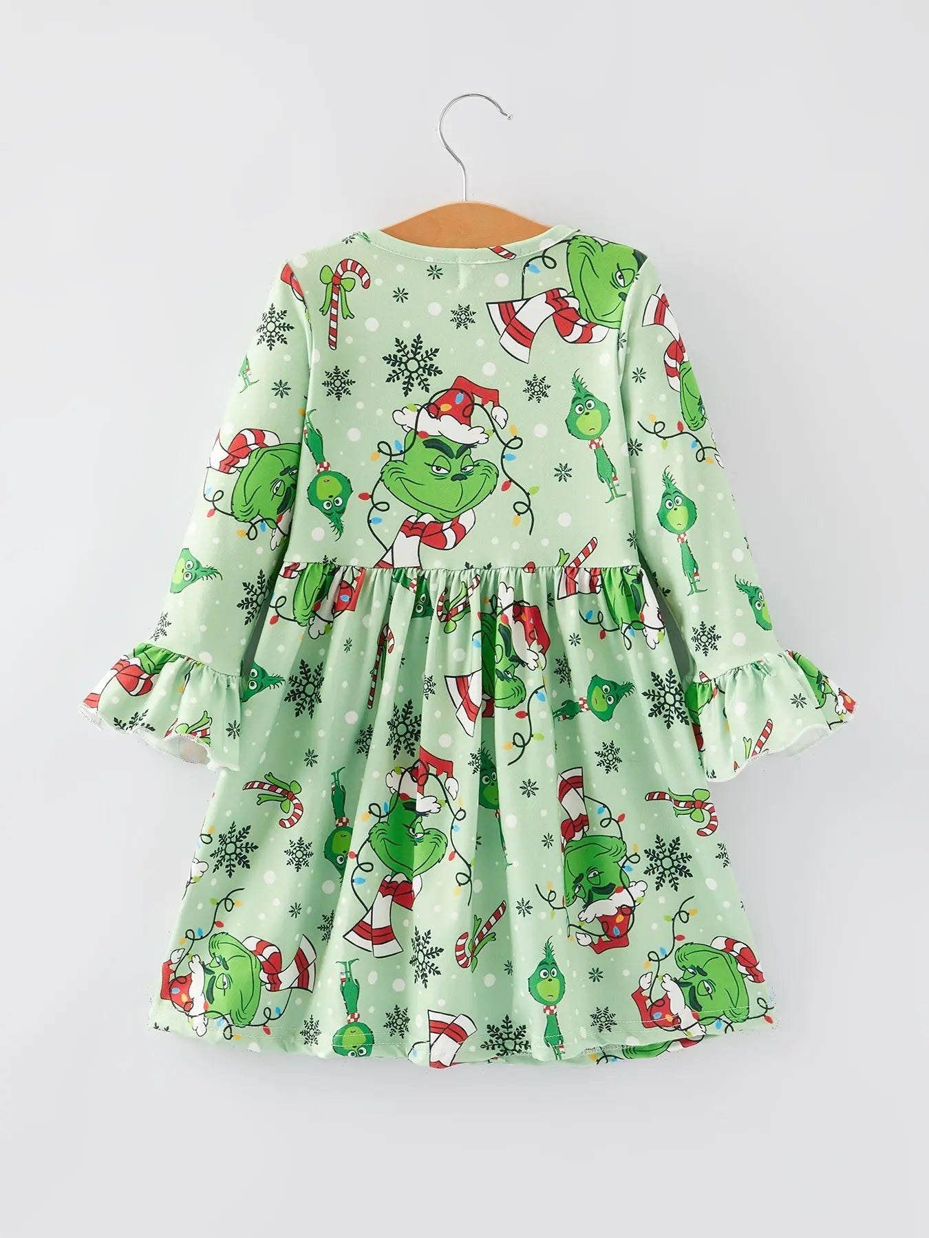 Rylee Faith Designs Christmas Cartoon Characters Print Green Girls Dress - Apparel & Accessories > Clothing > Dresses Dress