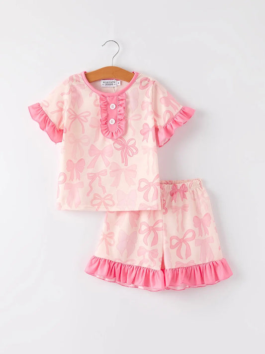 Girls Pink Bow Print Pajamas Set for Comfortable Bedtime Sleepwear Rylee Faith Designs