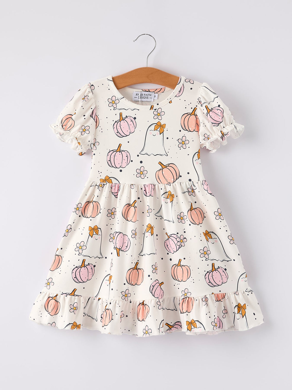 Halloween Pumpkin Ghost Print Cute Girls Dress by Rylee Faith Designs