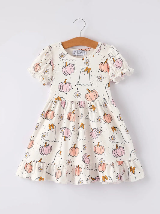 Adorable Halloween Pumpkin Ghost Print Dress for Cute Girls Rylee Faith Designs