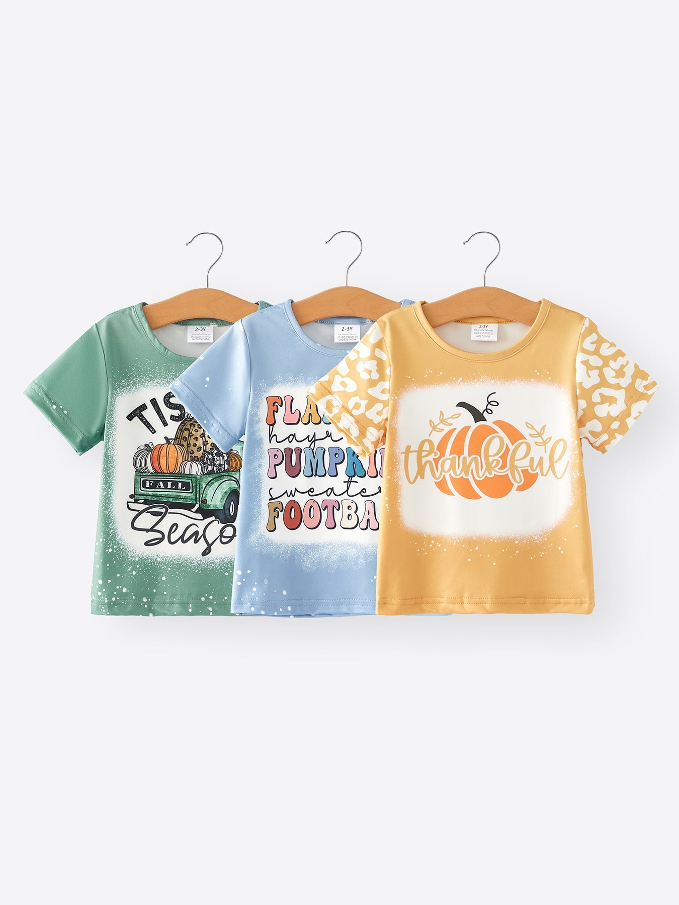 Set of three short sleeve O-neck T-shirts with fall, Thanksgiving and Halloween themed designs