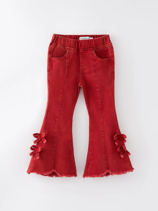 Girls Red Bow Flared Elastic Denim Pants Rylee Faith Designs