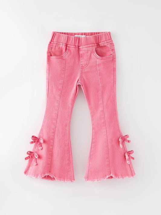 Girls Pink Bow Flared Elastic Denim Pants Rylee Faith Designs