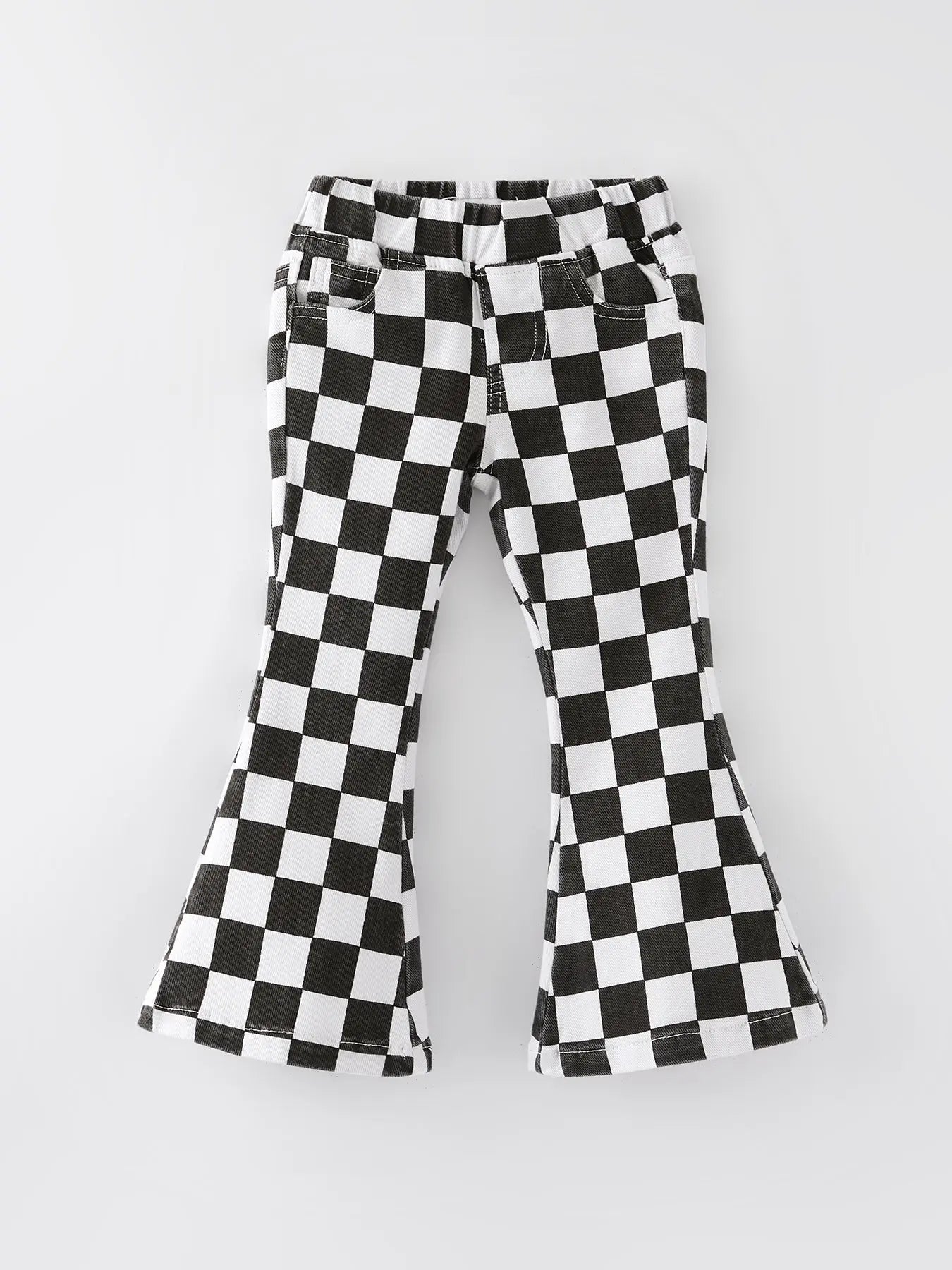 Girls Black and White Check Print Elastic Flared Jeans Rylee Faith Designs