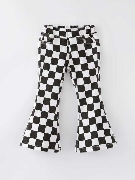 Girls Black and White Check Print Elastic Flared Jeans Rylee Faith Designs